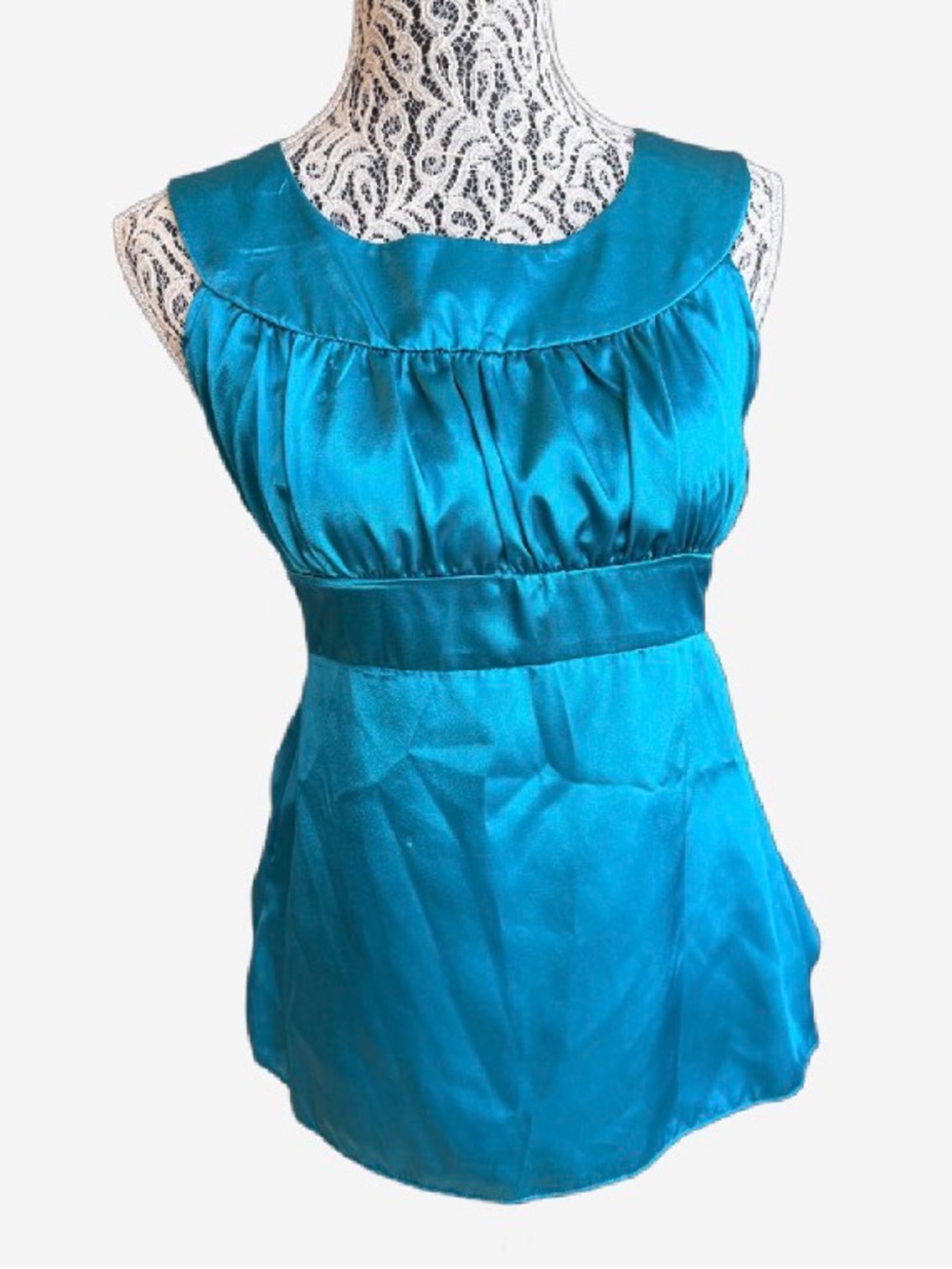 NWT Hot Kiss Y2K Teal Satin Empire Waist Tie Top Medium